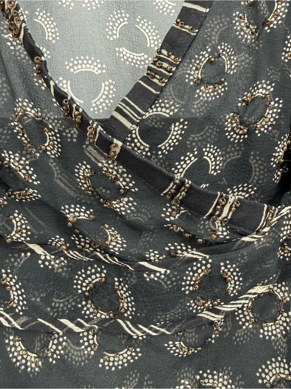 Willi Smith Silk Sheer Blouse Top Black Print Beaded Size Small Y2k